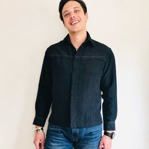 90s VTG Black Minimalist Embroidered Plaid Long Sleeve Button Down Up Shirt